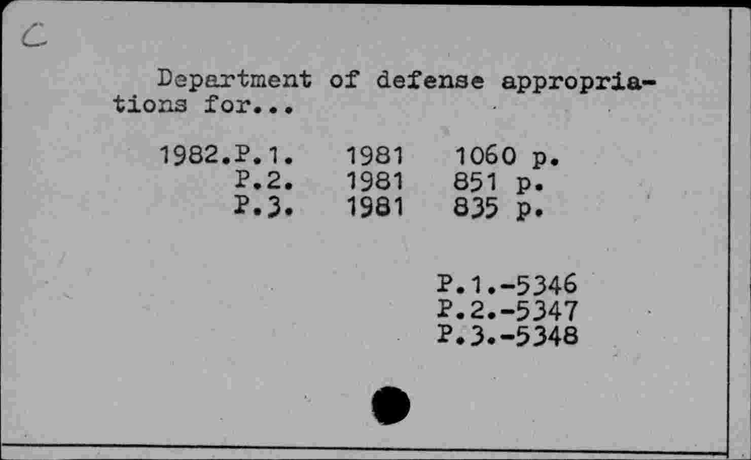 ﻿Department tions for...
of defense appropria-
1982.P.1.
P.2.
P.3.
1981	1060 p.
1981	851 p.
1981	835 p.
P.1.-5346
P.2.-5347
P.3.-5348